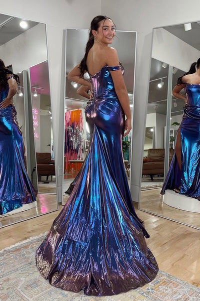 Charming Mermaid Off the Shoulder Purple Metallic Satin Prom Dress with Slit AB24123005