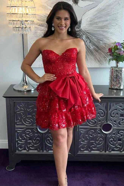 Cute A-Line Sweetheart Tiered Tulle Short Homecoming Dress with Bow AB24082805