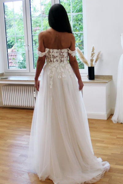 Fairy A Line Off the Shoulder Tulle Long Wedding Dresses with Appliques AB2410102