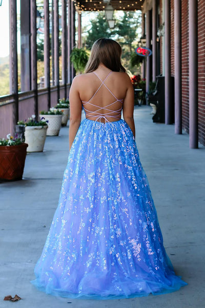 Cute A Line V Neck Light Blue Sequins Lace Tulle Prom Dresses AB24112609