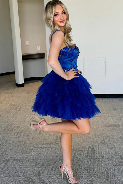 Cute A Line Straps Royal Blue Tulle Short Homecoming Dresses with Beading AB24070902