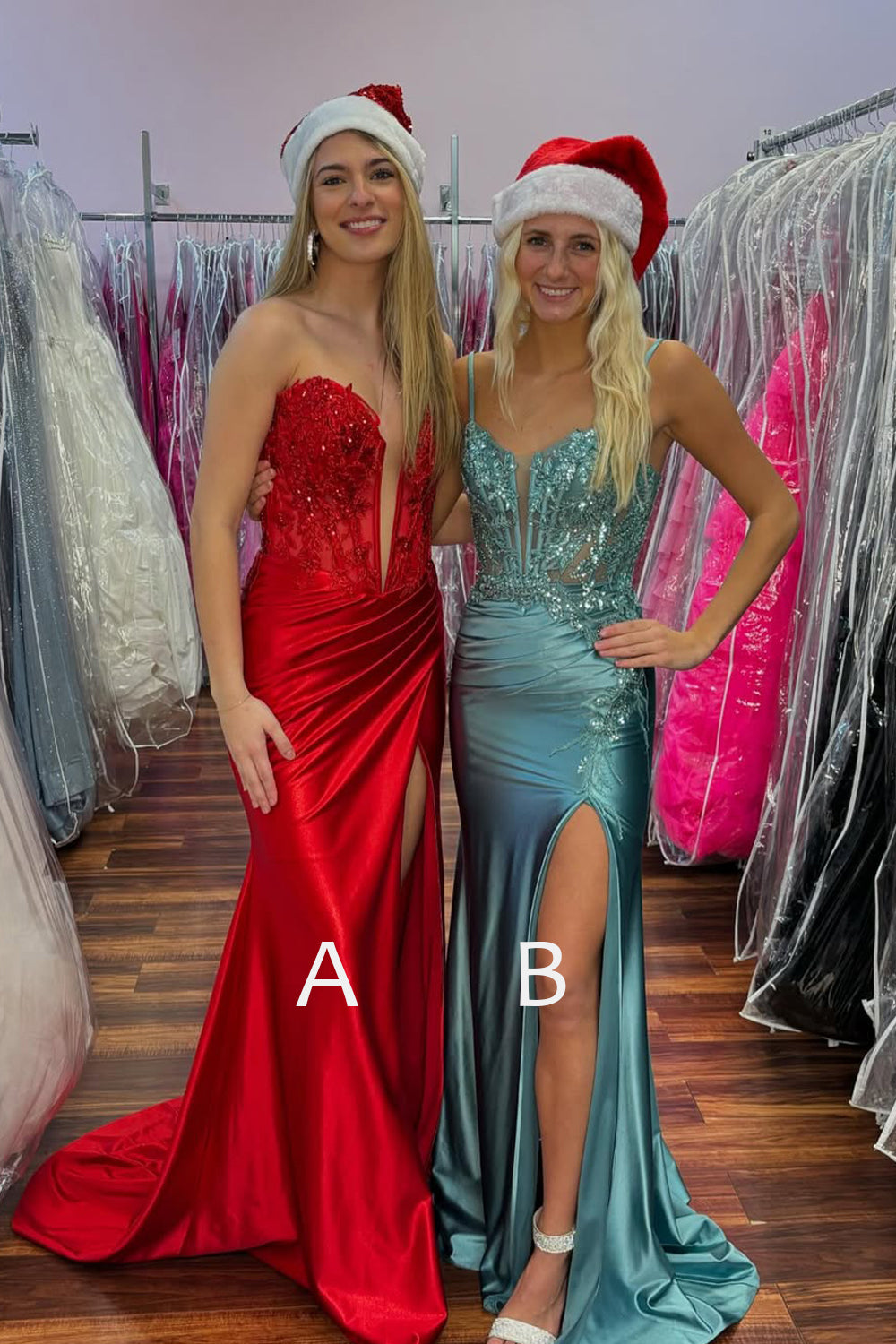 Cute Mermaid Strapless Red Sparkly Satin Prom Dress with Appliques AB24122505