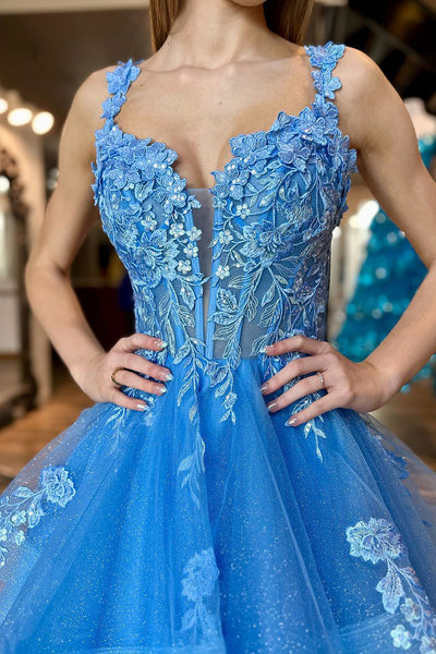 Cute A Line V Neck Blue Sparkly Tulle Prom Dress with Appliques AB24111107