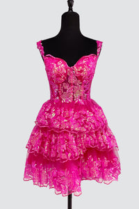 Cute A Line Sweetheart Hot Pink Sequins Tiered Short Homecoming Dresses AB24081402