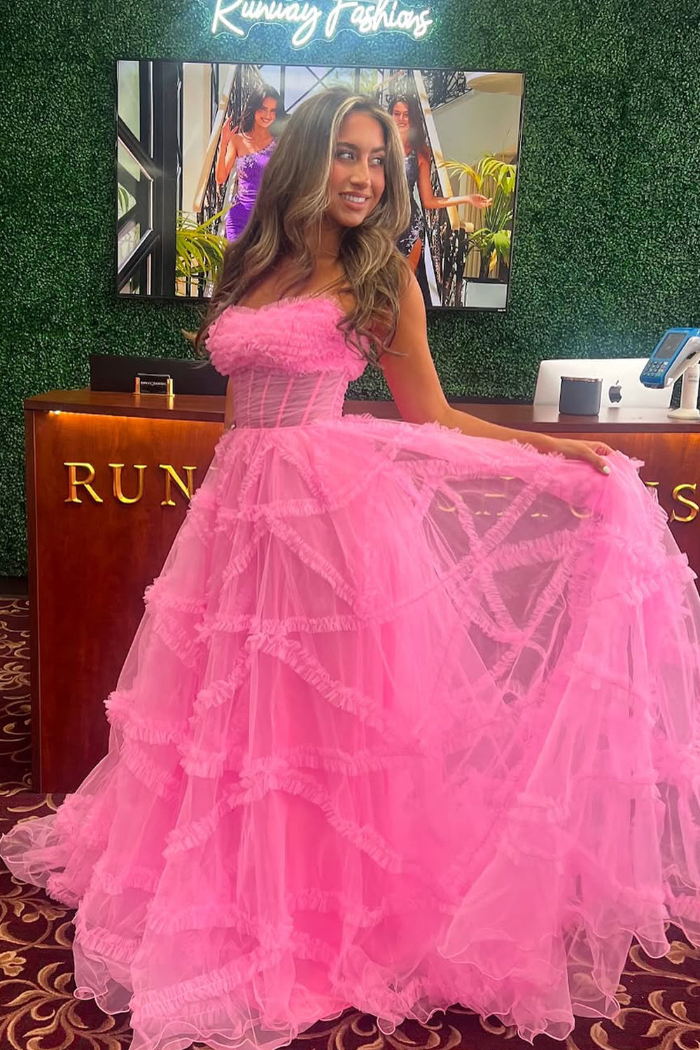 Cute A Line Strapless Pink Tulle Long Prom Dress AB25012305