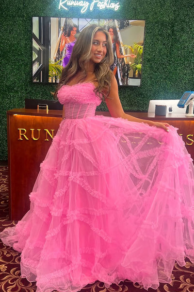 Cute A Line Strapless Pink Tulle Long Prom Dress AB25012305