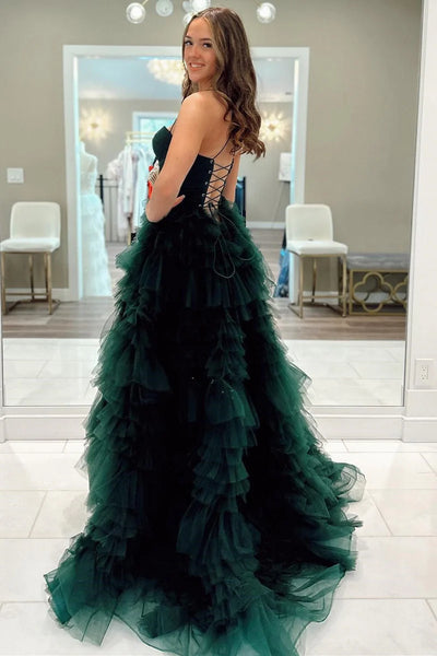 Cute Ball Gown Sweetheart Dark Green Tulle Long Prom Dresses with Slit AB24091305