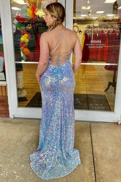 Sparkly Mermaid Scoop Neck Light Blue Sequins Long Prom Dresses with Slit AB24100509