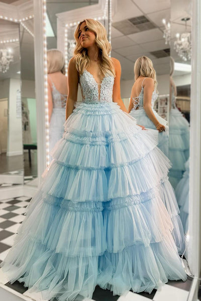 Pretty A-Line V Neck Sky Blue Ruffle Tiered Tulle Long Prom Dress AB4052601