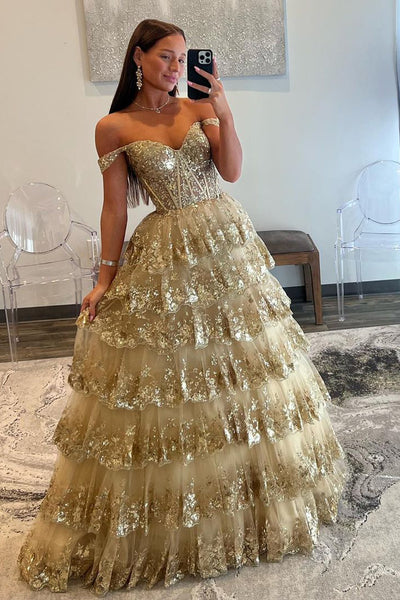 Sparkly A Line Sweetheart Gold Sequins Long Prom Dresses AB101901