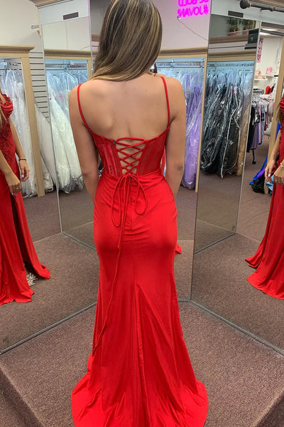 Cute Mermaid Straps Red Satin Long Prom Dresses with Slit AB24120607