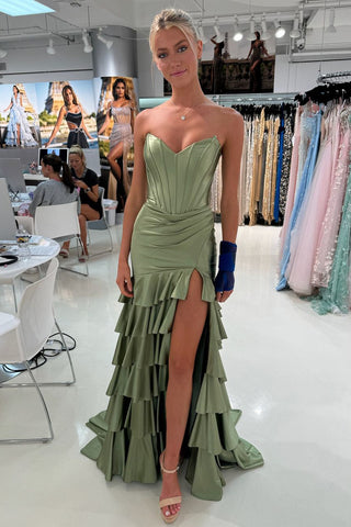 Cute Mermaid V Neck Sage Green Satin Tiered Prom Dress with Slit AB24121404