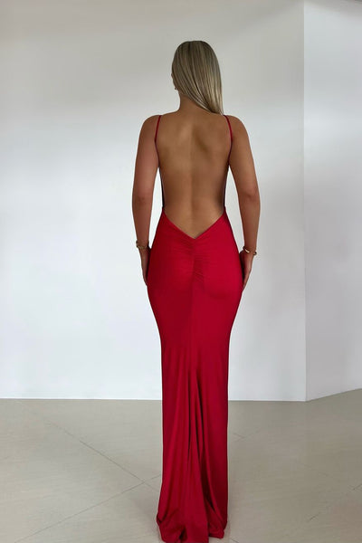 Charming Mermaid V Neck Red Elastic Satin Long Prom Dresses AB24110403