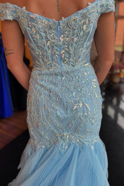 Gorgeous Mermaid Off the Shoulder Light Blue Satin Prom Dress with Sequins Appliques AB24120203