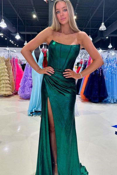 Charming Mermaid Strapless Green Satin Long Prom Dresses AB24102905