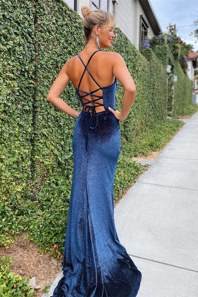 Charming Mermaid Navy Blue Velvet Corset Long Formal Prom Dress with Slit