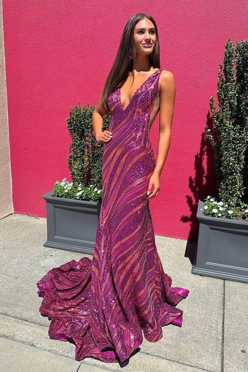 Mermaid V Neck Purple Sequins Long Prom Dress AB4052302