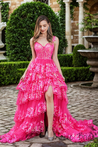 Gorgeous Ball Gown V Neck Hot Pink Tiered Prom Dress with Slit AB24122708