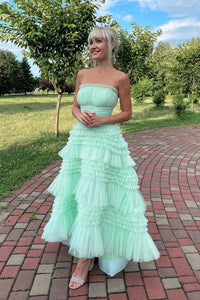 Cute A Line Strapless Mint Tulle Tiered Ruffles Prom Dress