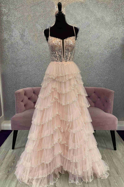 Gorgeous A Line Straps Blush Pink Cutout Sequined Layered Long Prom Dress