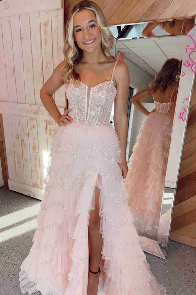 Gorgeous A Line Straps Blush Pink Cutout Sequined Layered Long Prom Dress