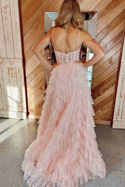 Gorgeous A Line Straps Blush Pink Cutout Sequined Layered Long Prom Dress