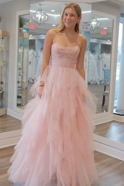 Cute A Line Strapless Pink Tulle Beaded Long Prom Dresses