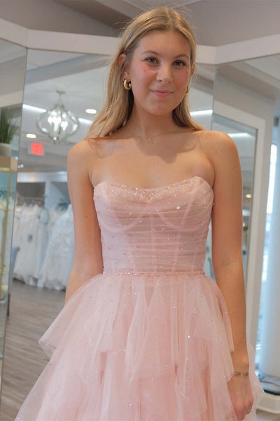 Cute A Line Strapless Pink Tulle Beaded Long Prom Dresses