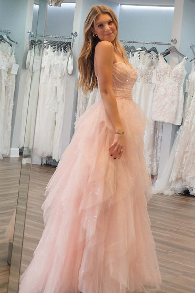 Cute A Line Strapless Pink Tulle Beaded Long Prom Dresses