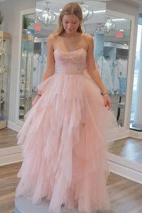 Cute A Line Strapless Pink Tulle Beaded Long Prom Dresses