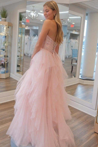 Cute A Line Strapless Pink Tulle Beaded Long Prom Dresses