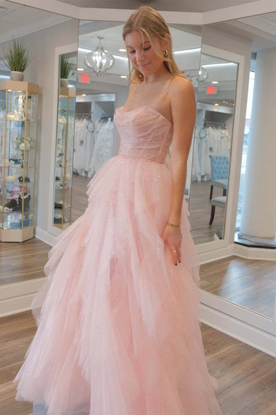 Cute A Line Strapless Pink Tulle Beaded Long Prom Dresses