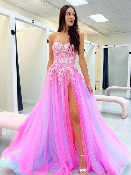 Cute A-line Sweetheart Colorful Tulle Long Prom Dress with Slit