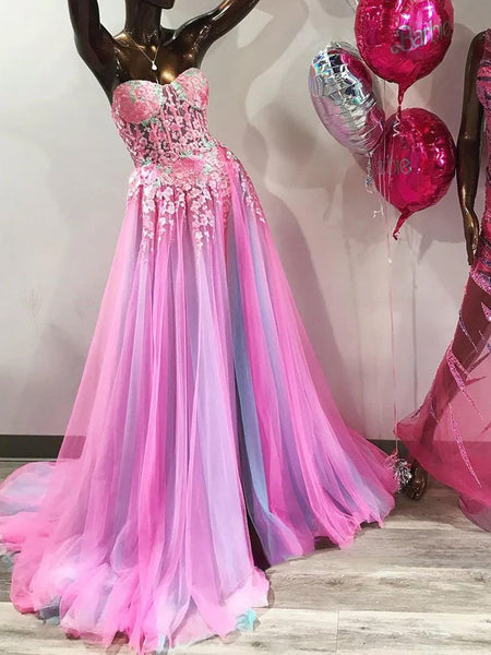 Cute A-line Sweetheart Colorful Tulle Long Prom Dress with Slit