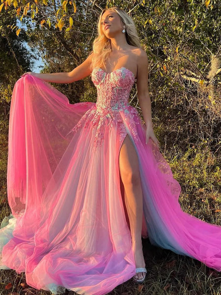 Cute A-line Sweetheart Colorful Tulle Long Prom Dress with Slit