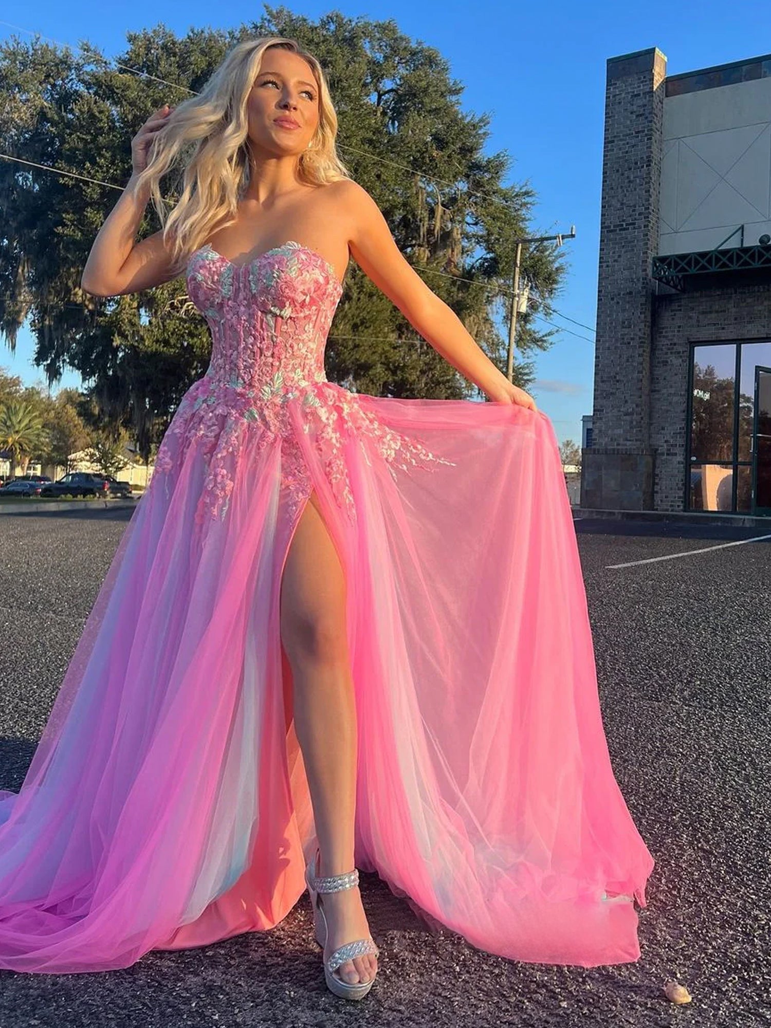 Cute A-line Sweetheart Colorful Tulle Long Prom Dress with Slit