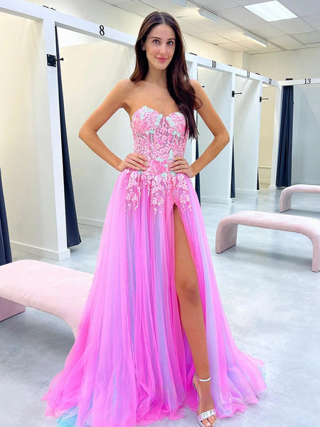 Cute A-line Sweetheart Colorful Tulle Long Prom Dress with Slit