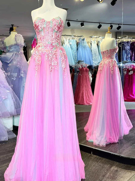 Cute A-line Sweetheart Colorful Tulle Long Prom Dress with Slit