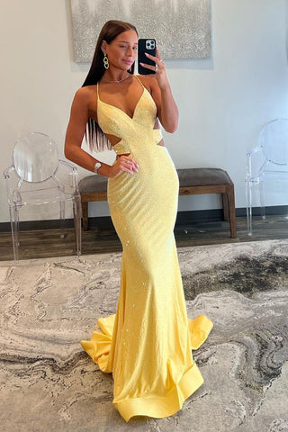 Charming Mermaid Sparkly Satin V Neck Yellow Long Prom Dresses