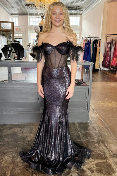 Charming Mermaid Black Sequin Long Prom Dresses with Feather