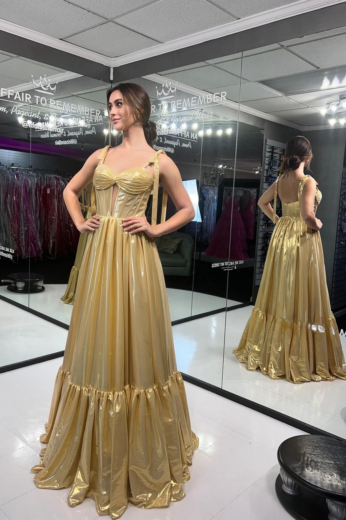 Cute A Line Straps Gold Metallic Satin Long Prom Dress