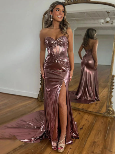 Cute Mermaid Sweetheart Metallic Satin Prom Dress With Side Slit