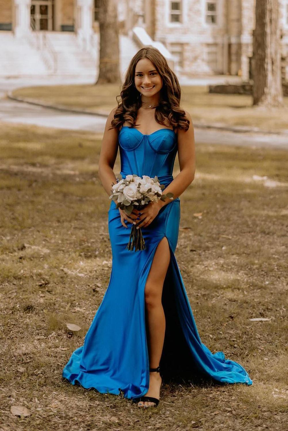 Cute Mermaid Sweetheart Royal Blue Satin Long Prom Dress with Slit