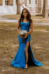 Cute Mermaid Sweetheart Royal Blue Satin Long Prom Dress with Slit