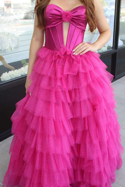 Cute Ball Gown Sweetheart Hot Pink Tulle Long Prom Dresses