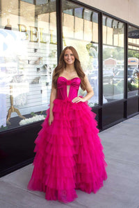 Cute Ball Gown Sweetheart Hot Pink Tulle Long Prom Dresses