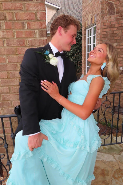 Cute A Line Sweetheart Sky Blue Chiffon Ruffles Long Prom Dress