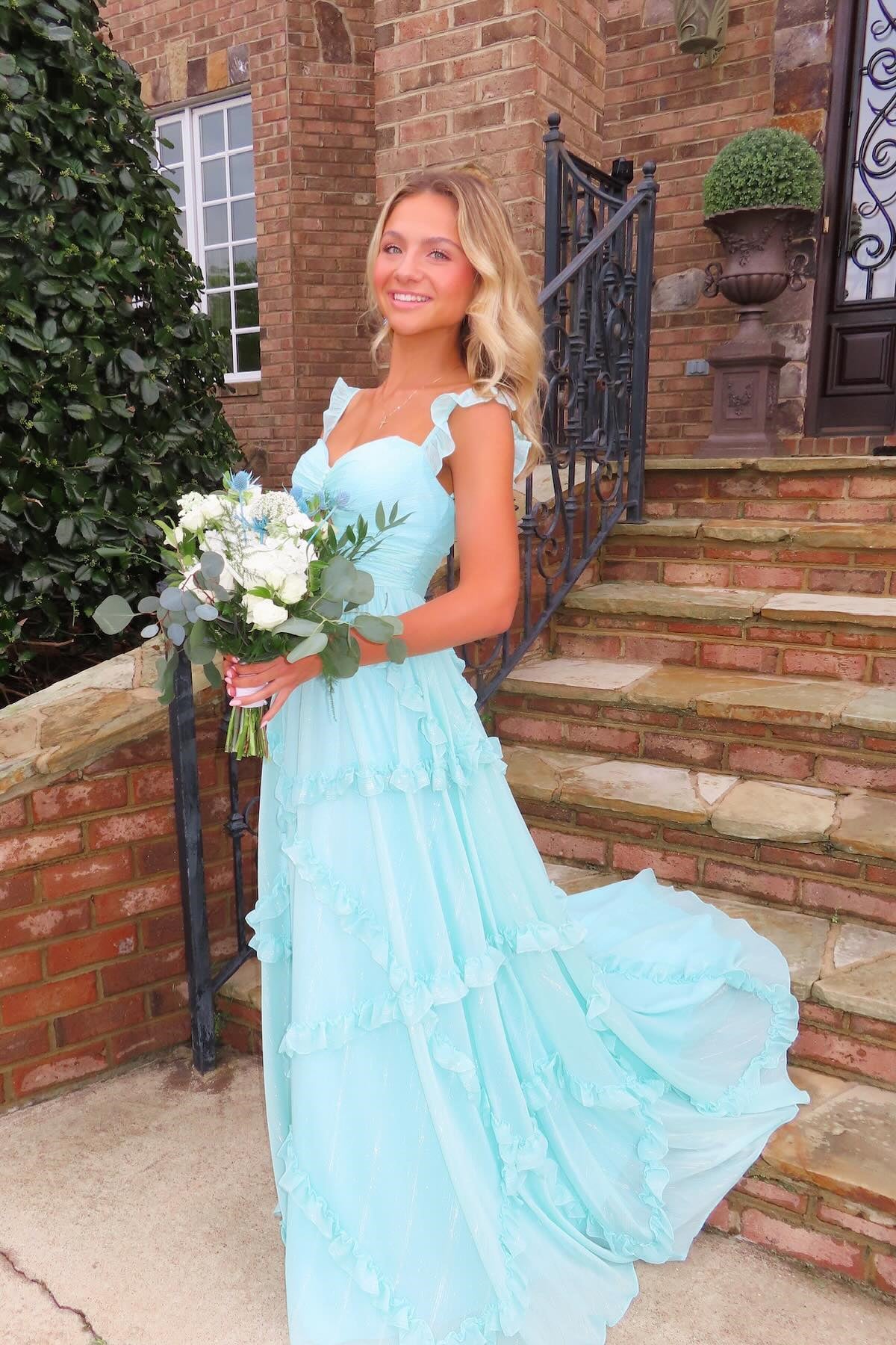 Cute A Line Sweetheart Sky Blue Chiffon Ruffles Long Prom Dress