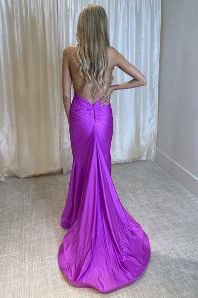 Charming Mermaid Purple Halter Backless Elastic Satin Long Formal Dress