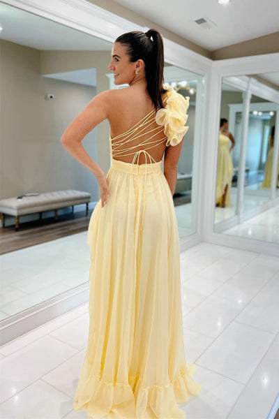 Ishmael | Light Yellow A-line One Shoulder Lace-Up Pleated Ruffle High-Low Prom Dress